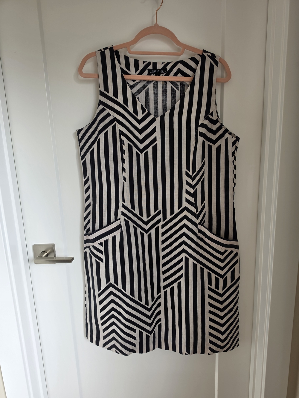 CHARLIE B Black and Cream Geometric Stripe Linen Dress